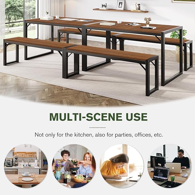IMUsee 3PC 47.2" Dining Table Set for 4 with Benches, Heavy Duty Metal Frame, Small Space Saving Kitchen Dinette, Wood Board and Black Legs