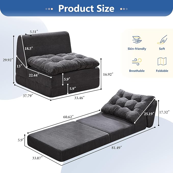 Hobestluk Sofa Couch Folding Sofa Bed Comfy Floor Lounger Convertible Sofa with Removable Cushion Couches for Small Spaces Foldable Mattress for Living Room Bedroom or Office (Cordury Grey, Large)