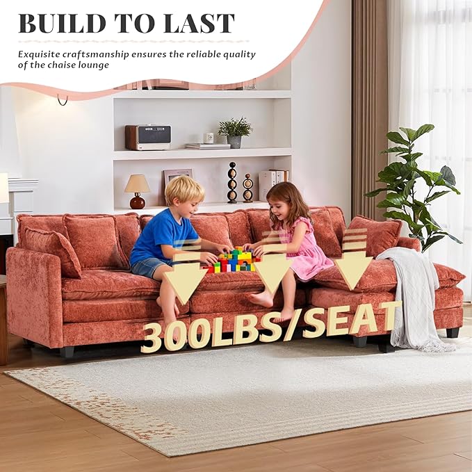 SoarFlash 113.78" Chenille Sectional Sofa, Comfy L Shaped Modular Coush Sofa with Ottoman, Modern 4 Seat Couch Deep Seat Sofa Set for Living Room,Black