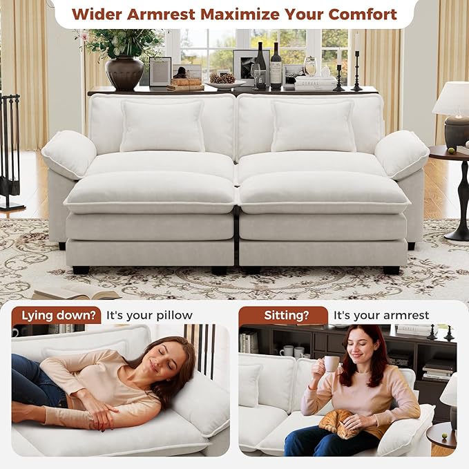 CDCASA 86" Modular Sectional Sofa, Comfy Cloud Couch with 2 Movable Ottoman, 4-Seater Velvet Deep Seat Sofa Bed Modern Sofa Couch for Living Room, DIY Combination, Beige