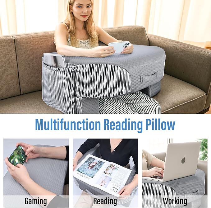 LEBENGURU Reading Pillow for Laptop, Extra Large Armrest Gaming Pillow for Working, Hight Adjustable Lap Desk Pillow for Adult Sitting in Bed, Floor, Sofa（Stripe and Grey）