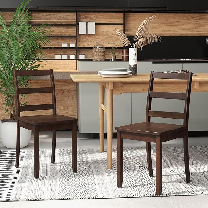 Giantex Wood Dining Chairs Set of 4 Walnut- Wooden Armless Kitchen Chairs with Solid Rubber Wood Legs, Non-Slip Foot Pads, Max Load 400 Lbs, Farmhouse Style High Ladder Back Dining Room Chairs