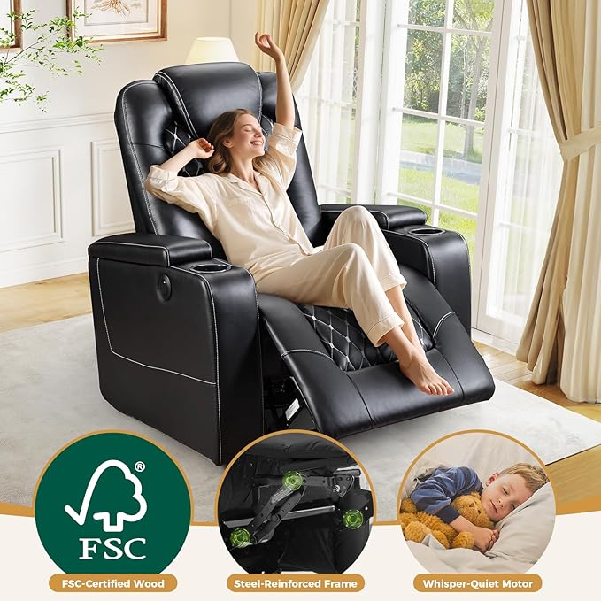 ANJ Power Recliner Chair Set of 3, Electric Soft Leather Reclining Home Theater Seating - USB Ports, Cup Holders, Hidden Arm Storage Movie & Media Room Chairs (Black)
