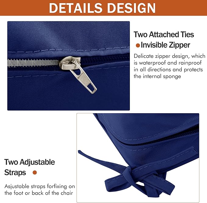 Outdoor Chair Cushions 18.5x16 Inch Waterproof Patio Chair Cushions with Tie 5 Year Color Fastness Thick Outdoor Seat Cushion for Patio Furniture Navy Set of 4