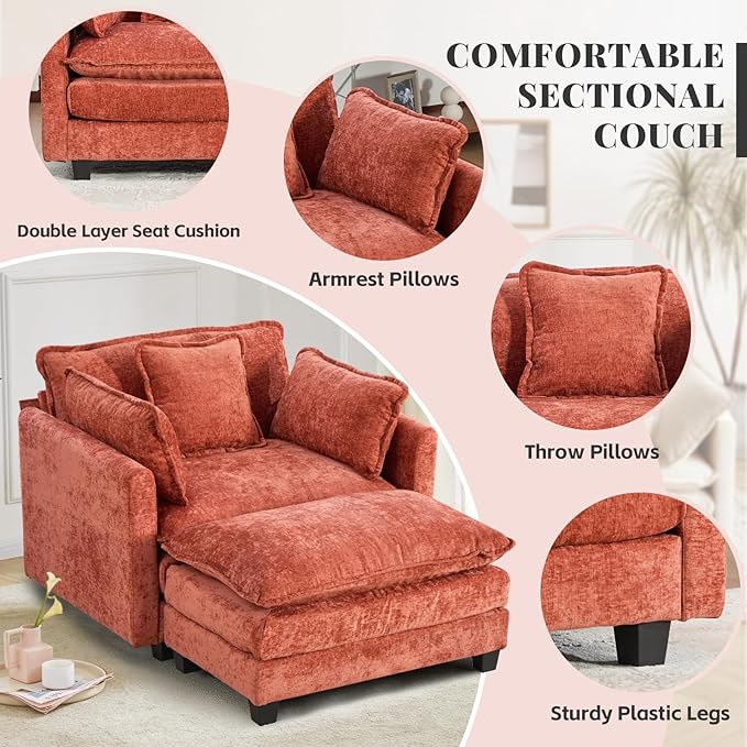 SoarFlash Chenille Sectional Sofa, Comfy Modular Single Sofa with Ottoman, Modern Recliner Deep Seat Sofa Set for Living Room,Orange