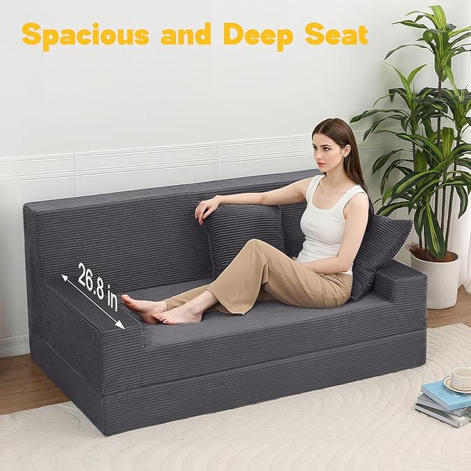 MeMoreCool Folding Sofa Bed Queen – Corduroy Convertible Foam Sleeper Chair, Fold-Out Futon Couch Bed | Machine Washable | High-Density Foam | Guest & Living Room Seating