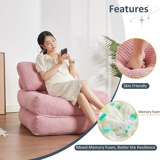 Afuson Folding Chair Bed, Futon Sofa Bed, Floor Couch for Adults Chair for Living Room, Lounge Sofa, Convertible Sofa Bed, Small Couches for Small Spaces, Pink