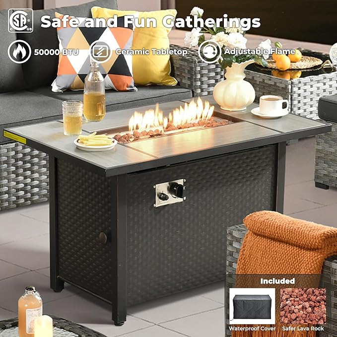 ovios 10 Pieces Patio Furniture Set, Outdoor Wicker Sectional Sofa with 42" Fire Pit Table Swivel Chairs, Modern Modular Deep Seat Rattan Couch Conversation Sets, Black