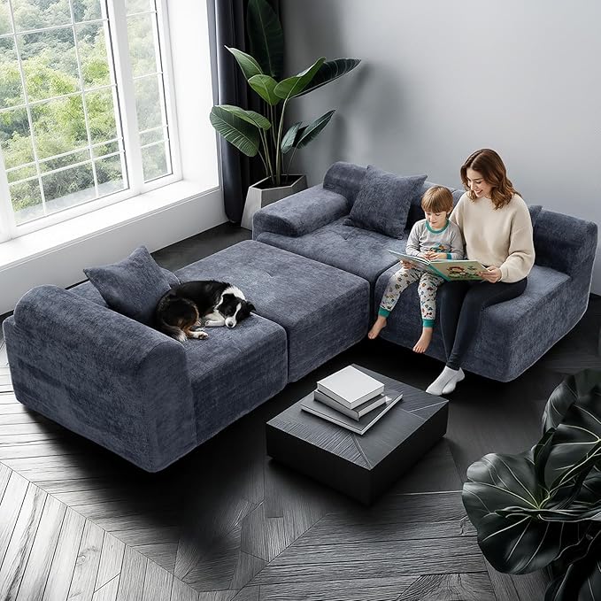 119’’ Modular Sectional Sofa Couch with Chaise, Deep Seat Cloud Couch for Living Room, Modern Chenille Upholstered Sectional with Throw Pillows, Compression Modular Sofa for Apartment or Bedroom, Blue