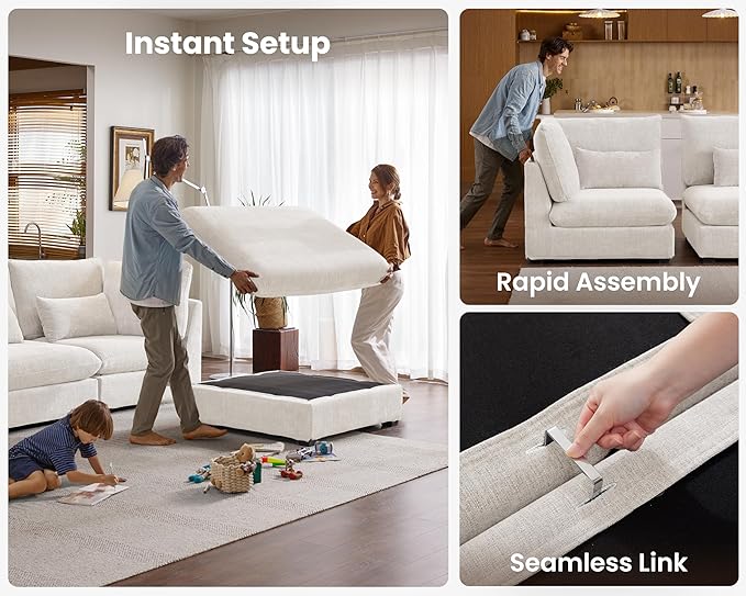 Oversized Modular Sofa, Extra Deep Cloud Chenille Sectional Couch with Ottoman Chaise, Fluffy Chenille 8 Seater Sofa Bed for Living Room, Villa (Sofa Bed 8 Seater, Chenille White)