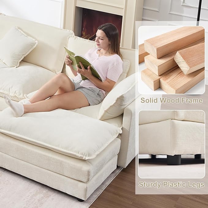 KIVENJAJA Chenille L-Shaped Modular Sectional Sofa, Modern Loveseat Comfy Deep Seat Cloud Couch with Ottoman/Chaise & 4 Pillows for Living Room Office Apartment, 76.7" W, Beige
