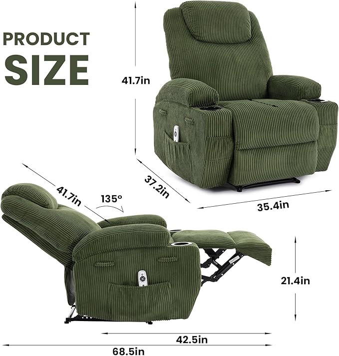 Massage Recliner Chair with Heat - Ultra-Comfortable Reclining (135° Adjustable), Dual Cup Holders & Side Storage Pockets, Easy Tool Assembly, Dark Green