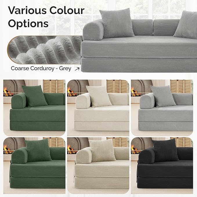 Convertible Coarser Corduroy Sleeper Sofa Bed with Cylindrical Pillow, Folding Mattress Couch with Fixed-Shape Frame, Floor Sofa Lounge Couch for Living Room Bedroom Lounge Studio, Grey