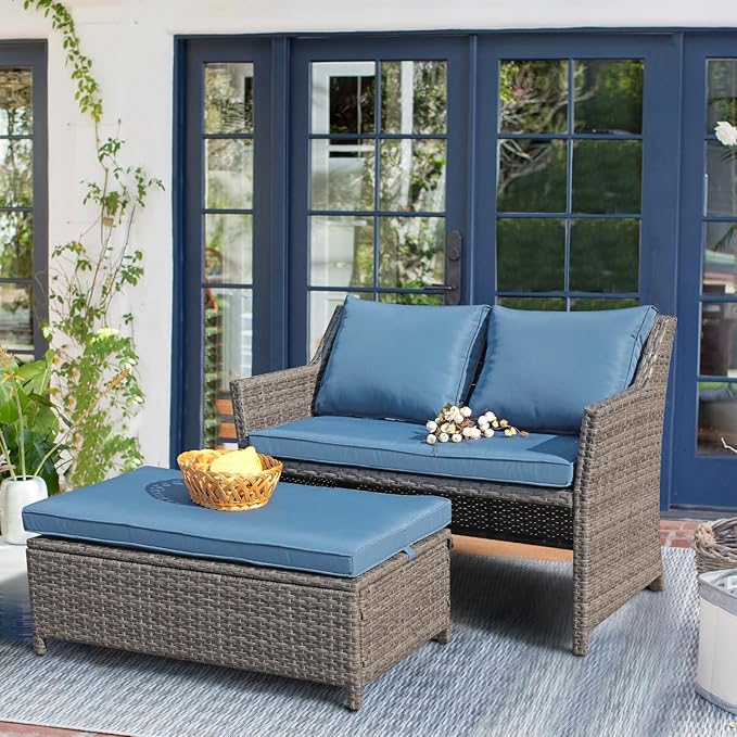 OC Orange-Casual 2-Piece Outdoor Patio Furniture Wicker Love-seat and Coffee Table Set, with Built-in Storage Bin, Grey Rattan, Navy Blue Cushions