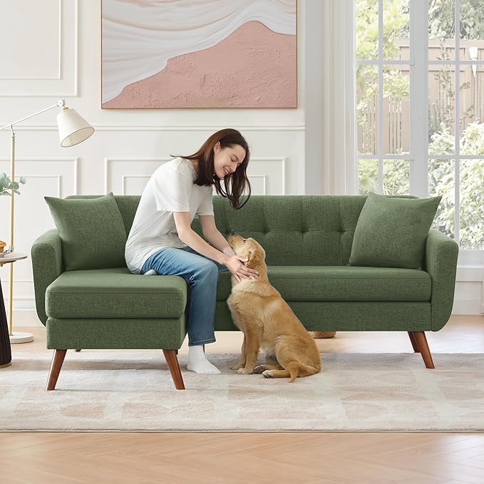 Tbfit L Shaped Couch Sofa, 80" W Mid-Century Modern Sectional Couches, 3 Seater Sofas with Wide Chaise Lounge, Button Tufted Upholstered Sectional Sofa for Living Room, Bedroom, Green | linen fabric, button tufted, solid wood foot, pocket spring, wood ...