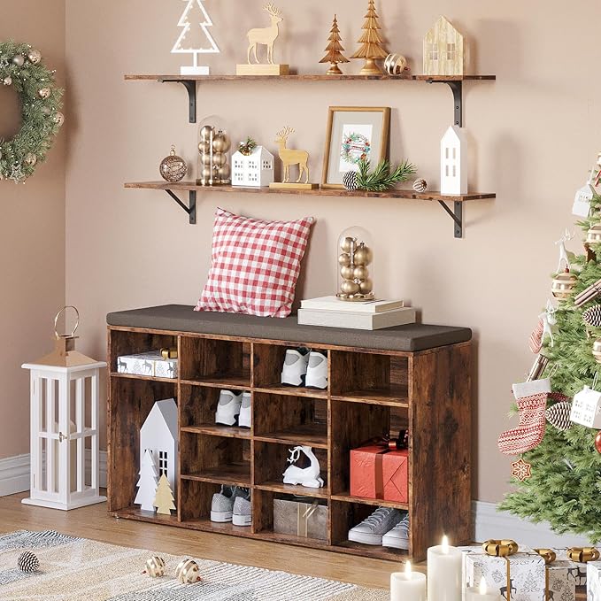 DINZI LVJ Shoe Storage Bench with Cushion, 14-Cubby Shoe Rack, Adjustable Shelves, Multifunctional Shoe Organizer Bench for Entryway, Mudroom, Hallway, Living Room, Bedroom and Garage, Rustic Brown