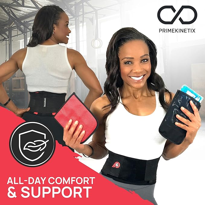 PRIMEKINETIX Pcore Dynamic Lower Back Support Belt - Adjustable Lumbar Brace for Pain Relief with Heat & Ice Therapy - Posture Corrector for Men Women - Breathable Core Support Belt, Size M