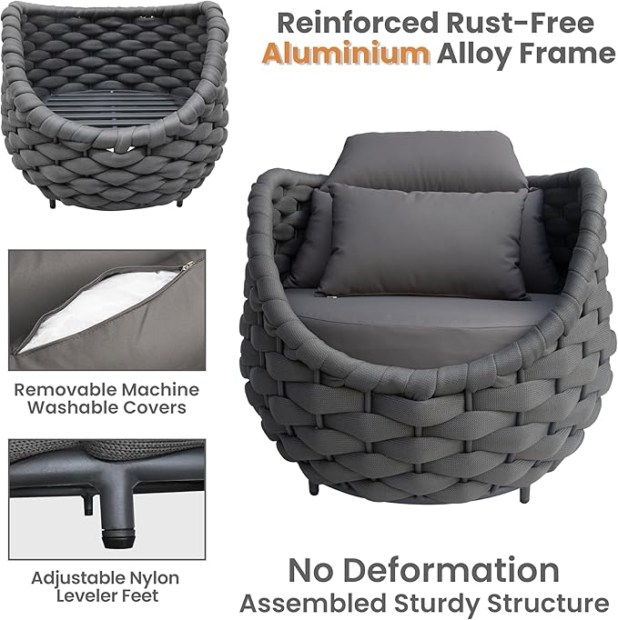 Erotr Rope Patio Furniture Set: 4 Pieces Aluminum Outdoor Couch Set Cushioned - Assembled Porch Conversation Sofa Set Modern - Metal Patio Seating for 5 Person Deck Garden Poolside Hotel, Dark Gray
