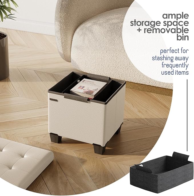 Storage Ottoman Cube with Small Bin, 16-in Square Ottoman with Storage for Living Room and Bedroom, Small Ottomans Foot Rest, Faux Leather Foot Stools Ottomans Max 330lbs, Beige