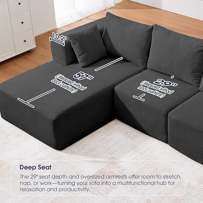 KINGYES 107'' Modular Sectional Sofa, L Shaped Cloud Couch for Living Room, Modern Boneless Sofa with Chaise for Bedroom, Soft Black