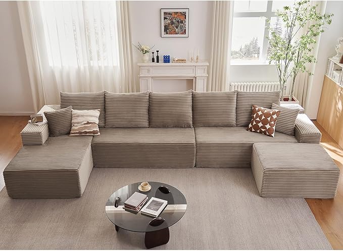 Lakifun 166.9" L-Shape Sofa with Ottoman, Modern Modular Sectional Comfy U-Shape Cloud Couch, Deep Seat, Upholstered Corduroy Sleeper Chaise Longue for Living Room Bedroom, No Assembly Required, Camel