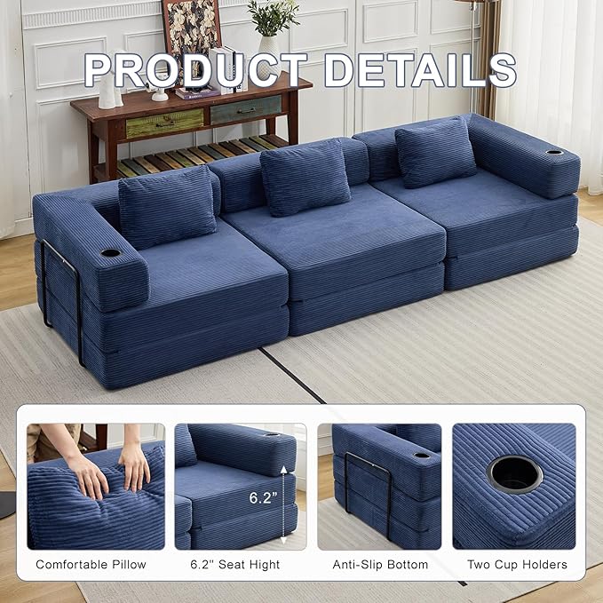 118" Oversized Convertible Floor Sofa Bed, Boneless Foldable Mattress Cloud Couch with Pillow Back & Armrest, Fold Out Floor Couch with Cup Holder for Living Room Bedroom Lounge, Corduroy, Navy Blue