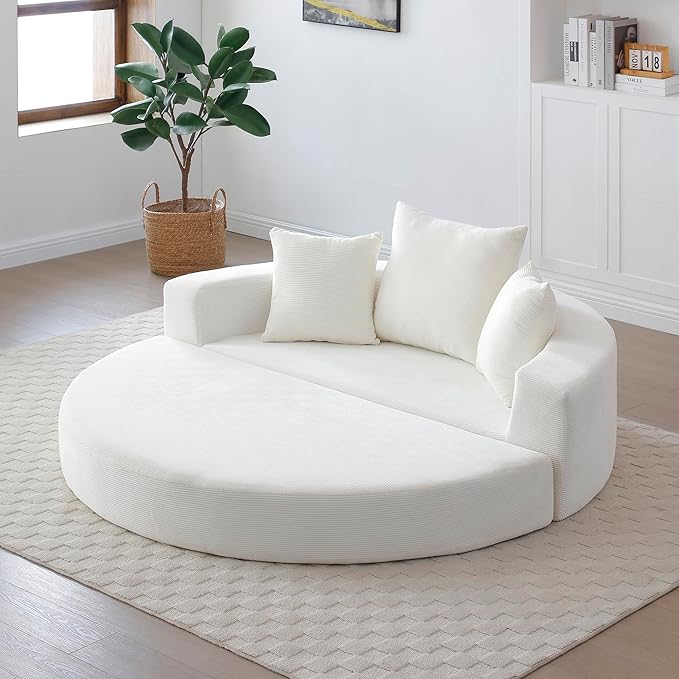 67" Round Convertible Folding Sofa Bed, Boneless Couch Loveseat, Floor Sleeper Chaise Lounge for Living Room, Apartment, Dorm, Small Spaces, Beige