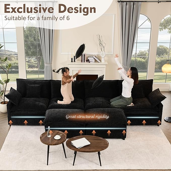 GOSUHI 142.5" U Shaped Couch, Modular Sectional Sofa, 3-Seater Comfy Cloud Couch with Movable Ottoman, Deep Seat Couches for Living Room, Chenille, Black