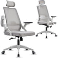 Msdizuo Ergonomic Office Computer Chair for All-Day Comfort, Dynamic Lumbar Support & Adjustable Headrest, 90° Swivel Flip-Up Arms Mesh Desk Chair - White, Tilt Lock, 350lbs