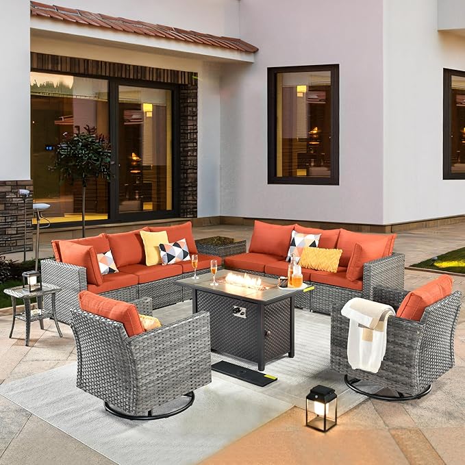 ovios 11 Piece Outdoor Patio Furniture Set with Fire Pit Table,Conversation Sectional Wicker Couch with Swivel Chairs,Modern Outside Sofa for Balcony Backyard, Orange