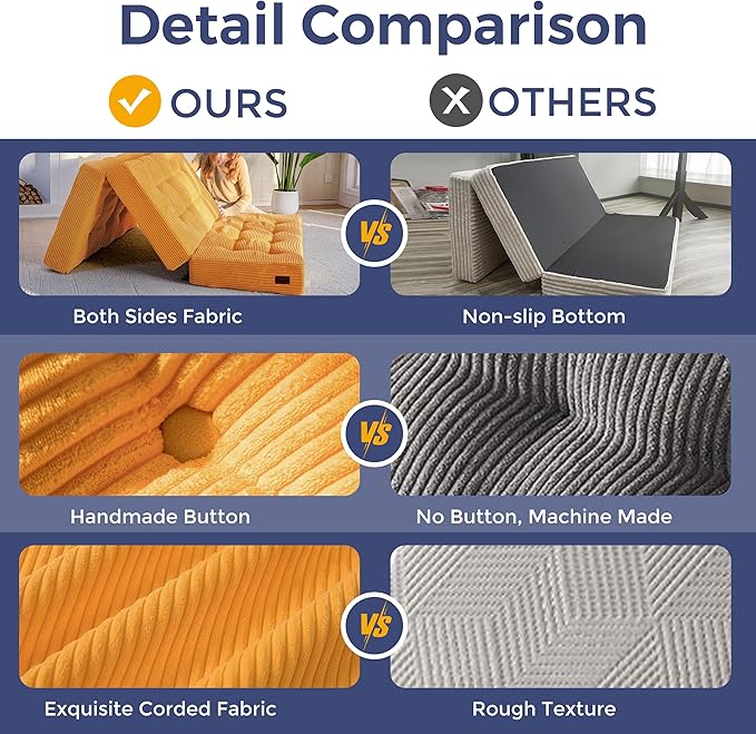 MAXYOYO Tri-Fold Mattress, 6 Inch Tufted Folding Futon Foam Bed, Foldable Floor Mattress Guest Bed Futon Topper Portable Camping Sleeping with Corded Fabric, Orange, 35.4"x75"