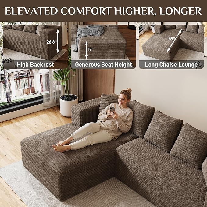 Modular Sectional Sofa, 107" L Shaped Cloud Couch Plush Corduroy Deep Seat Boneless Sofas with 5 Pillows Long Chaise Lounge Couches Memory Foam for Living Room - Brown, Right Facing Chaise