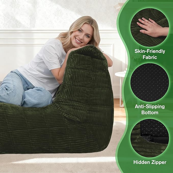 Bean Bag Chair,Giant Beanbag Chairs for Adults,Comfy Large Fireside Chair Lazy Sofa,Corduroy Bean Bag Lounger with Memory Foam Filled,Floor Sofa Couch for Home,Dorm,Living Room (Green)