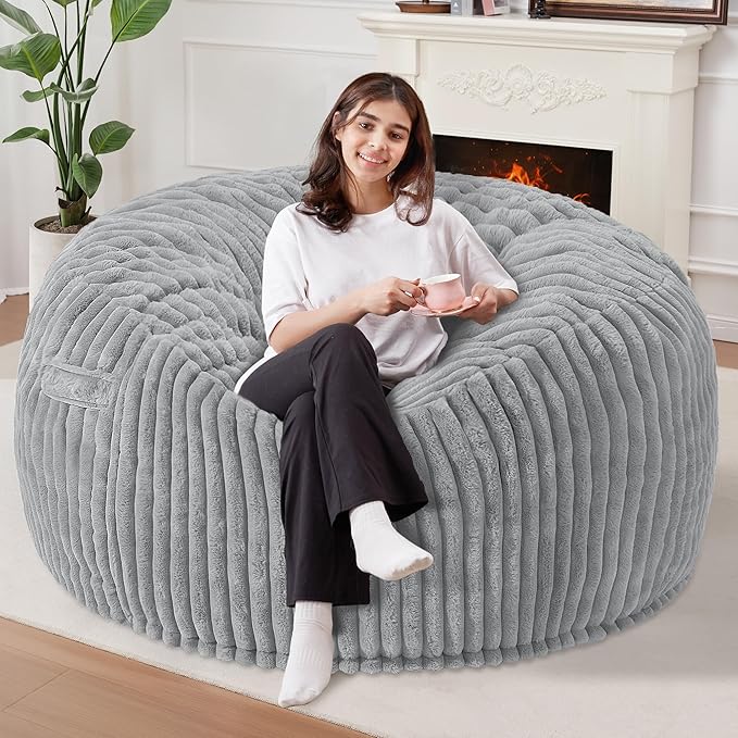 Homguava 5 FT Bean Bag Chair,5' Big Bean Bag,Giant Bean Bag Chairs for Adults with Memory Foam Filled,Comfy Large Beanbag Chairs Soft Bean Bag Sofa with Dutch Corded Plush Cover-Light Grey