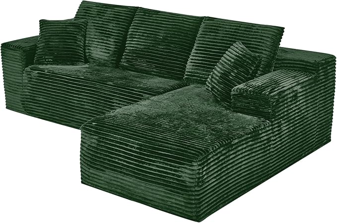 Modular Sectional Sofa Cloud Sectional Couch, 107" Comfy Fluffy L Shaped Green Couches for Living Room, Deep Seat Memory Foam Plush Corduroy Boneless Couch Sectionals with Right Facing Chaise Sofa