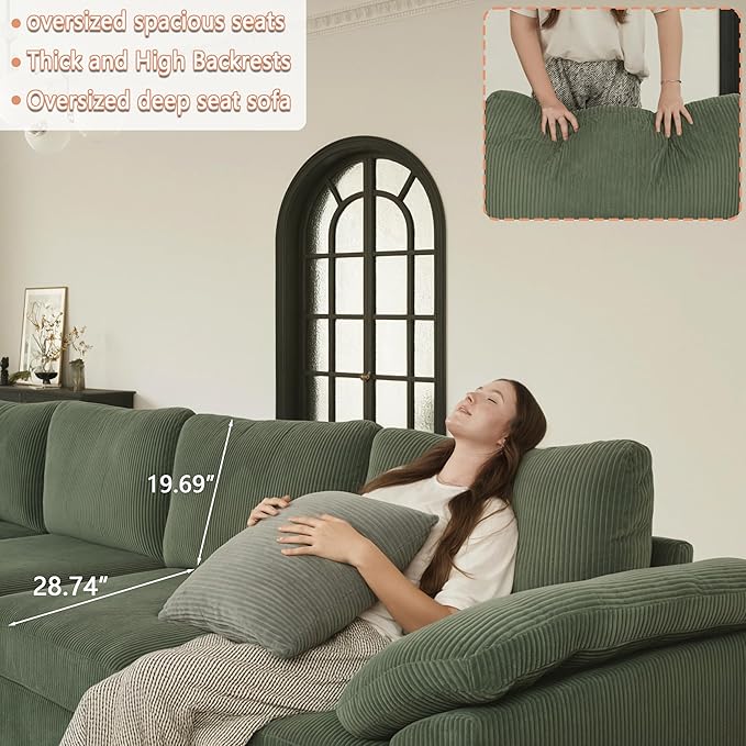 EASE MOOSE Oversized Sectional Sofa with Ottoman,Comfty L Shape Sectional Deep seat Modular Sofa,Cloud Couch for Living Room, Removable Cover,Green