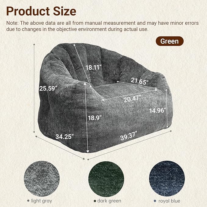 Giant Bean Bag Chair for Adults and Kids Oversized Faux Fur Shell-Shaped BonelessBeanBag Couch Filler with Memory FoamStuffed Big Accent Sofa for Living Room, Bedroom & Dorm (Dark Grey)