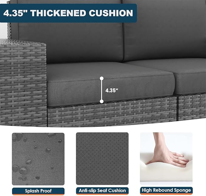 5 Piece Patio Furniture Set with Fire Pit Table, Outdoor Conversation Sets Grey Wicker Rattan Sectional Sofa, 4'' Thickened Cushion Dark Grey (Include Waterproof Cover)