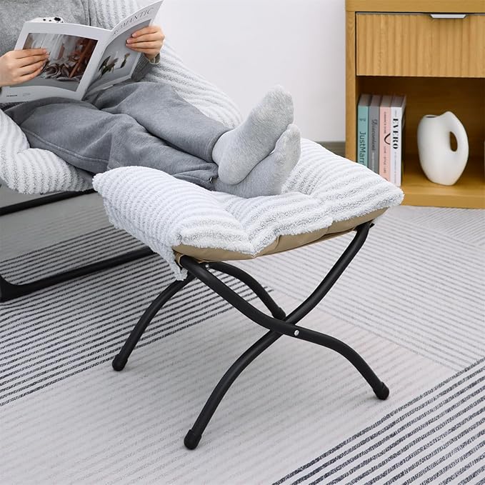 Mordchil HF 15"(H) Folding Ottoman, Foldable Footrest Stool, Portable Small Foot Stool for Couch, Collapsible Foot Rest Ottoman for Sofa, Accent Padded Ottomans for Living Room, Bedroom, Stripe Grey