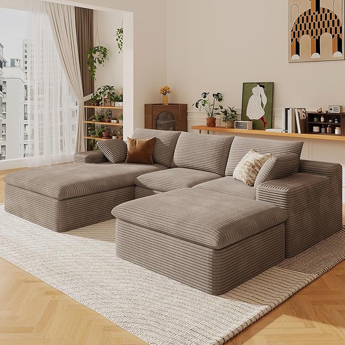 107" Cloud Sectional Couch with U-Shaped Chaise,Corduroy Viral Boneless Sofa with Ottoman,Memory Foam Couches in a Box with Deep Seat for Living Room,No Assembly Required (Camel,Left-Facing Chaise)