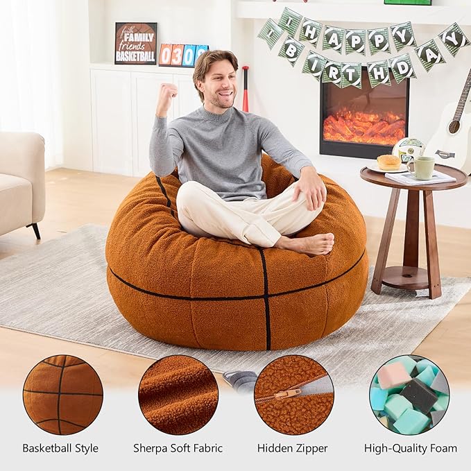 Sports Basketball Bean Bag Chair - Giant Bean Bag Chairs for Adults and Kids - Oversized Bean Bag Sofa Couch with Filler - Plush BeanBag Furniture for Living Room Bedroom Dorm Office - 44 Inch
