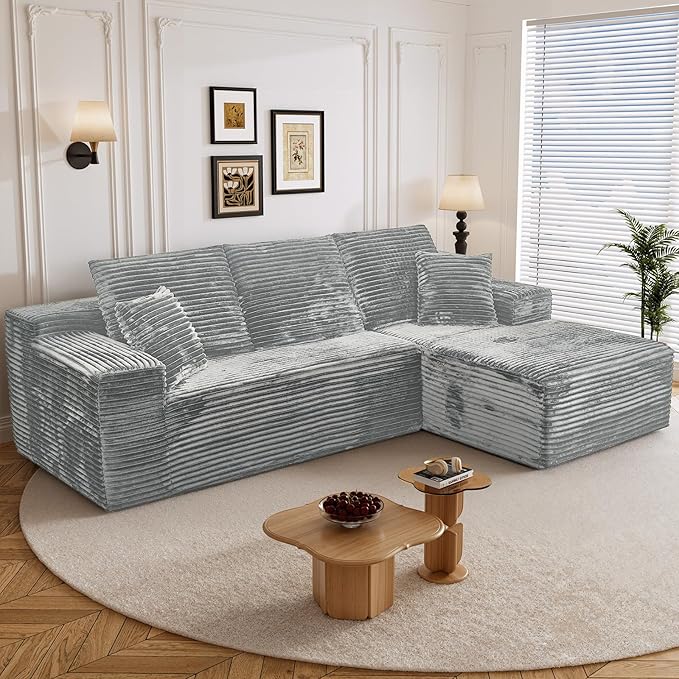 108" Boneless Cloud Sectional Couches for Living Room, Comfy Fluffy L Shaped Memory Foam Deep Seat Boneless Couch, Modular Sectional Sofa with Right Facing Chaise, Grey