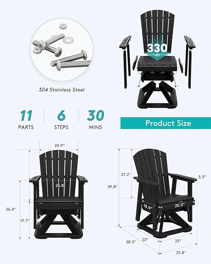 SERWALL Adirondack Swivel Glider Chair, HDPE Patio Glider for Outdoor, All-Weather Glider Chair for Porch, Balcony, Obsidian Black