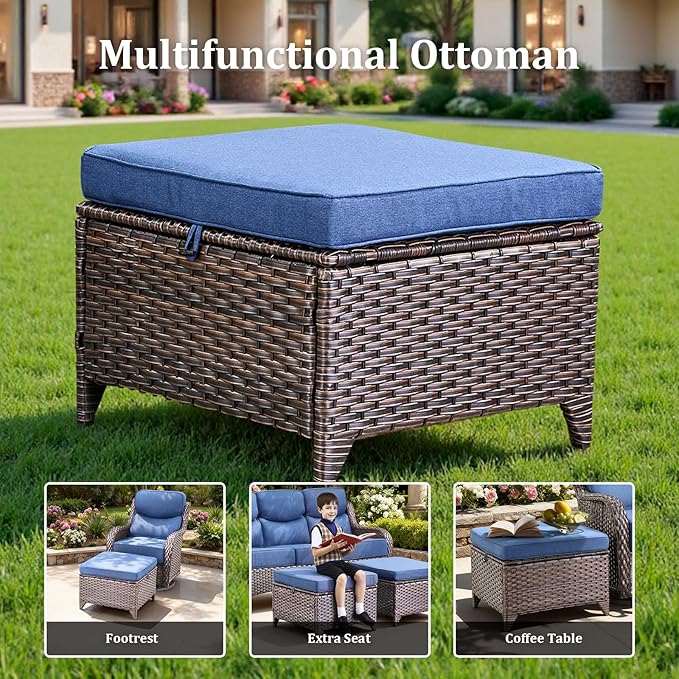Pugire Luxury High Back Patio Furniture Set with 6-Inch Thick Cushions, 5-Pieces Outdoor Furniture with Swivel Chairs, Wicker Conversation Set for Porch, Balcony, Deck and Yard, Brown/Blue