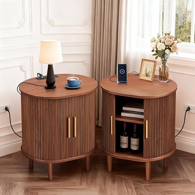 DHH Mid Century Modern Nightstand with Charging Station, Fluted Accent Side Table with Sliding Door & Adjustable Shelf, End Table for Small Space, Living Room, Bedroom,Sofa Couch (1, Walnut)