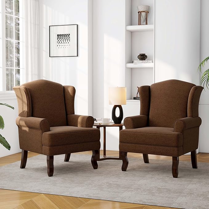 DREAMSIDEA Accent Chair, High Back Upholstered Armchair with High Resilience Sponge & Wood Legs, Mid-Century Modern Comfy Single Sofa Reading Chairs for Living Room, Bedroom - Brown, Set of 1