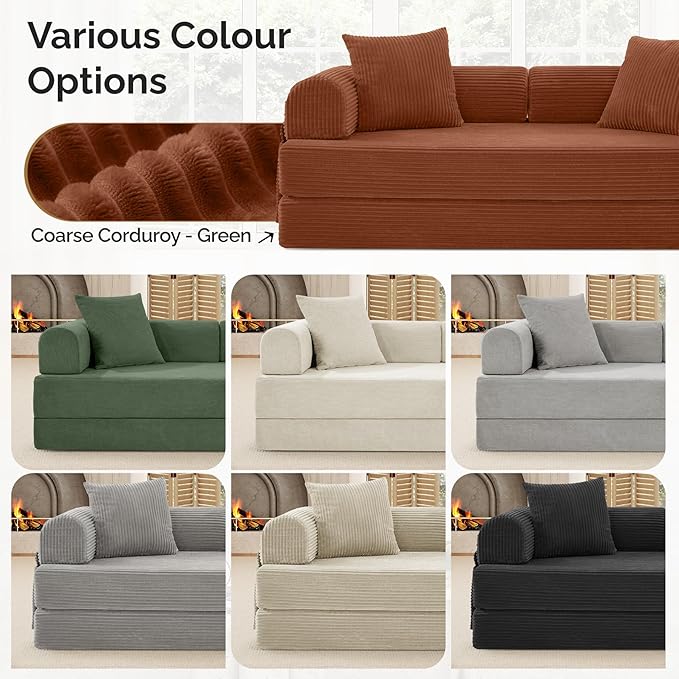 Convertible Corduroy Sleeper Sofa Bed with Cylindrical Pillow, Folding Mattress Couch with Fixed-Shape Frame, Floor Sofa Lounge Couch for Living Room Bedroom Lounge Studio, Red Brown