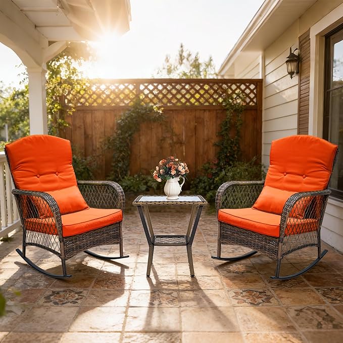 Sgentle 3 Piece Wicker Rocking Chairs, Outdoor Patio Rocking Chairs Set of 2 with Side Table, All-Weather Outdoor Rattan Rocking Chair with Cushions & Frame for Lawn Porch Garden (Red, Style 4)