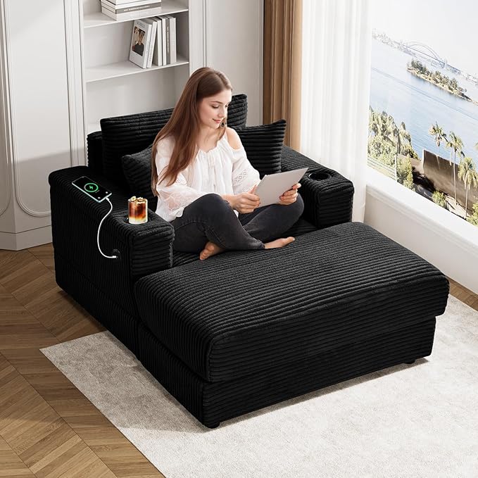 DAMAIFROM Oversized Chaise Lounge Chair Indoor with USB, Cup Holder & Ottoman, Firm Solid Wood Frame with Long Service Life Corduroy Oversized Lounge Reading Chair for Study Room - Black