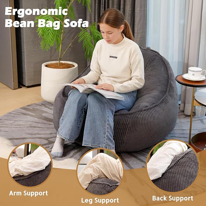Bean Bag Chair, Cozy Fluffy Beanbag Chairs with Filler for Teens and Kids, Floor Lazy Sofa for Living Room, Gaming & Reading（M-Dark Grey）